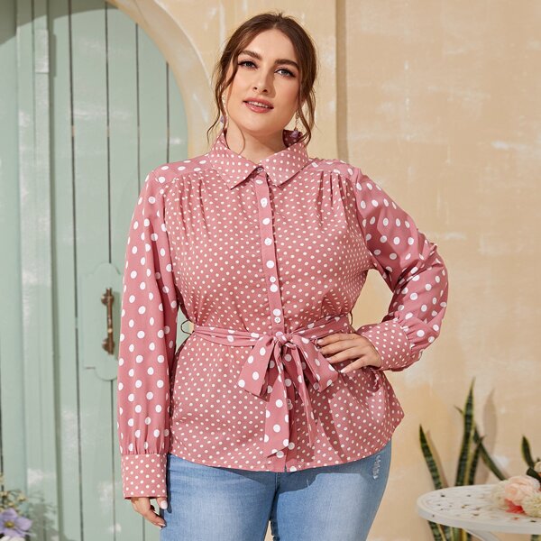 

Plus Polka Dot Belted Blouse, Pink