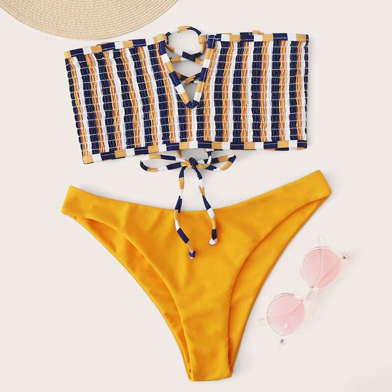

Striped Smocked V Wired Lace-up Bandeau Bikini Swimsuit, Multicolor