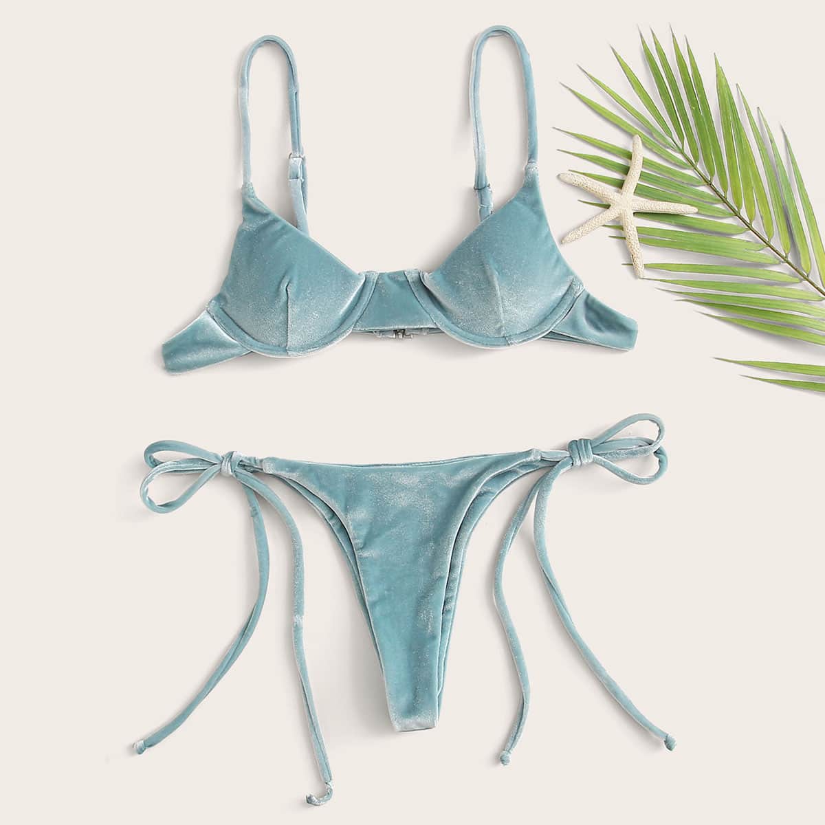 

Velvet Underwired Tie Side Bikini Swimsuit, Blue