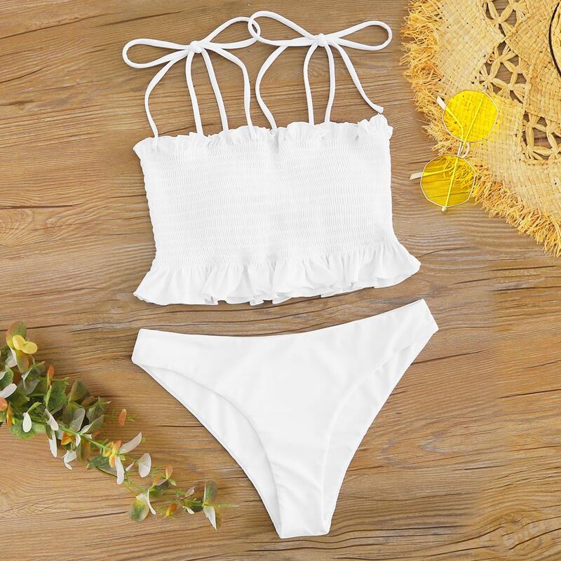 

Smocked Frill Tie Shoulder Bikini Swimsuit, White