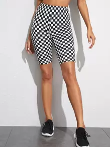 SHEIN Checkered Print High-Rise Cycling Shorts - Black and White - View 1