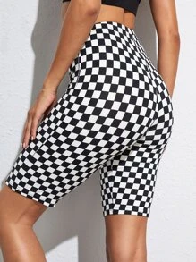 SHEIN Checkered Print High-Rise Cycling Shorts - Black and White - View 2