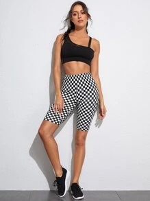 SHEIN Checkered Print High-Rise Cycling Shorts - Black and White - View 3