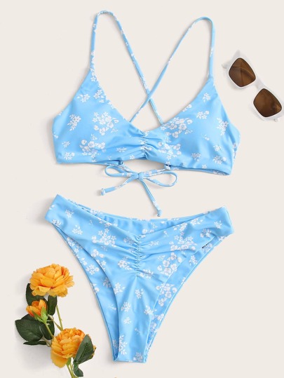 Floral Criss Cross Tie Back Bikini Swimsuit