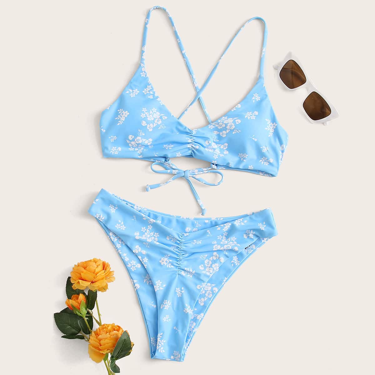 

Floral Criss Cross Tie Back Bikini Swimsuit, Blue