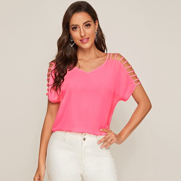 

Double V Neck Ladder Cutout Sleeve Top, Pink bright