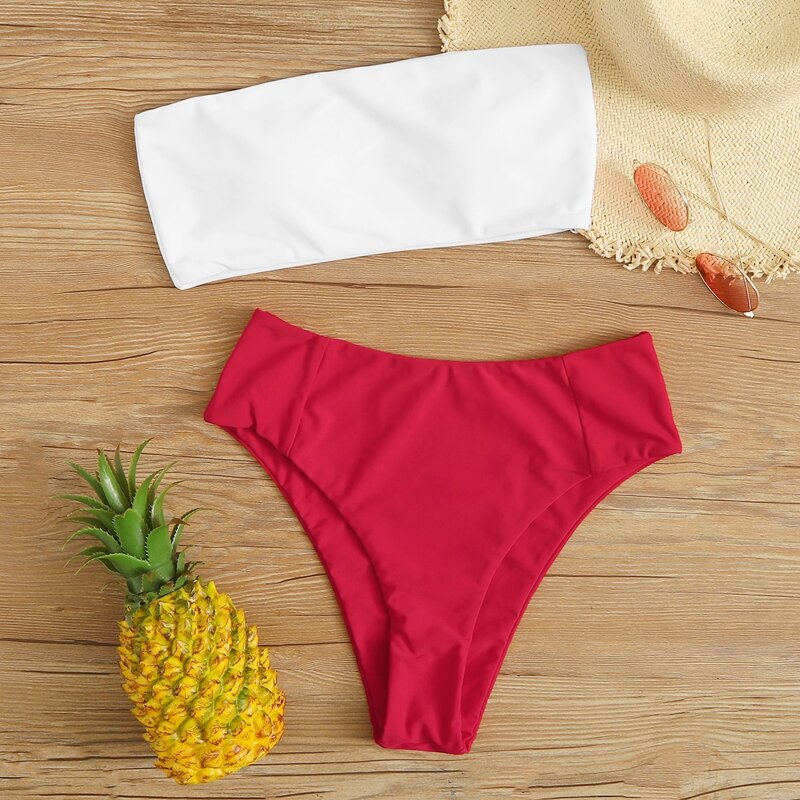 

High Waist Bandeau Bikini Swimsuit, Multicolor