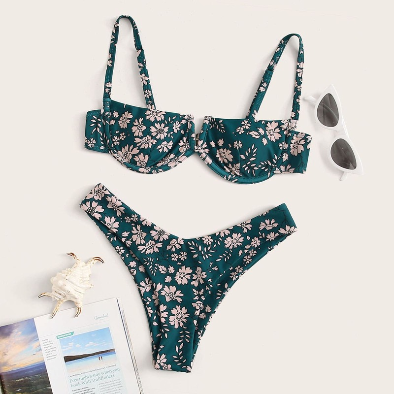 

Floral V Wired Underwire High Cut Bikini Swimsuit, Green