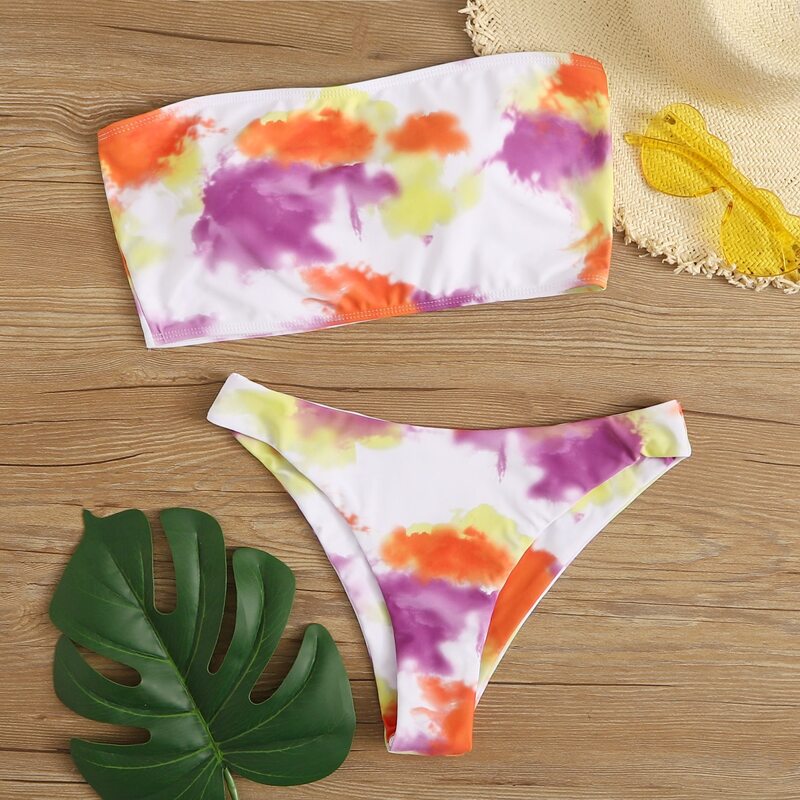 

Tie Dye Bandeau High Cut Bikini Swimsuit, Multicolor
