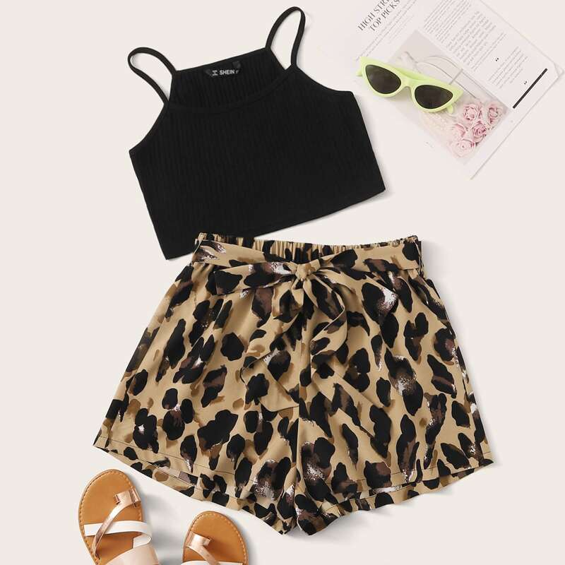 

Crop Cami Top & Self Belted Leopard Shorts Set, Multicolor