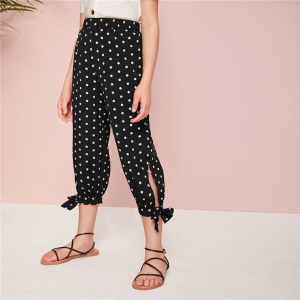 

Girls Knot Hem Polka Dot Pants, Black and white