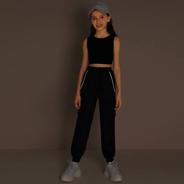 

Girls Crop Tank Top & Buckle Belted Flap Pocket Pants Set, Black