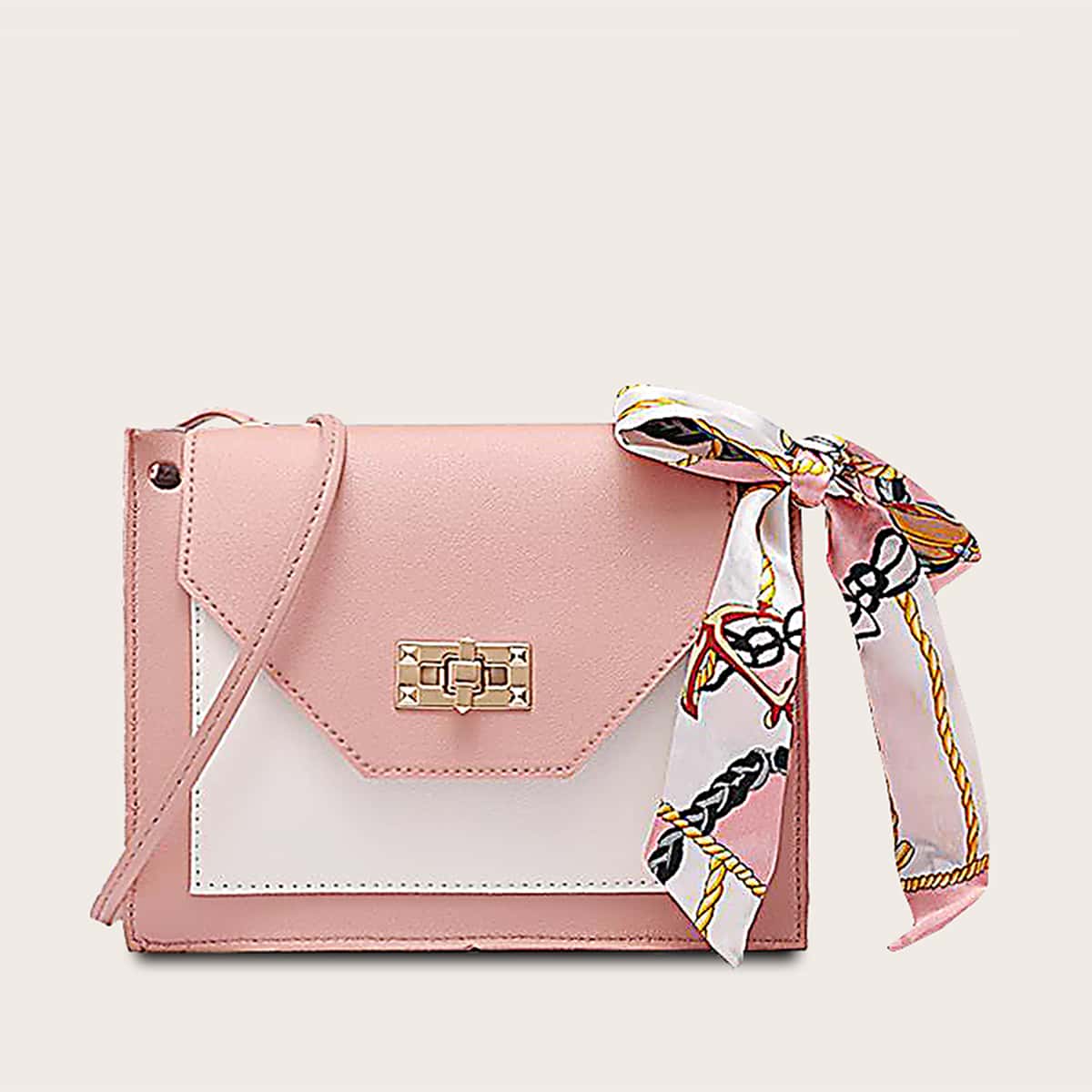 

Twilly Scarf Decor Two Tone Crossbody Bag, Pink
