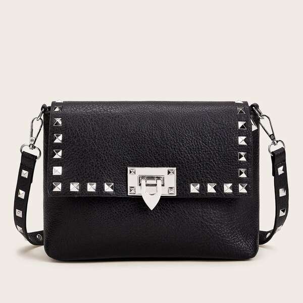 

Studded Decor Flap Crossbody Bag, Black