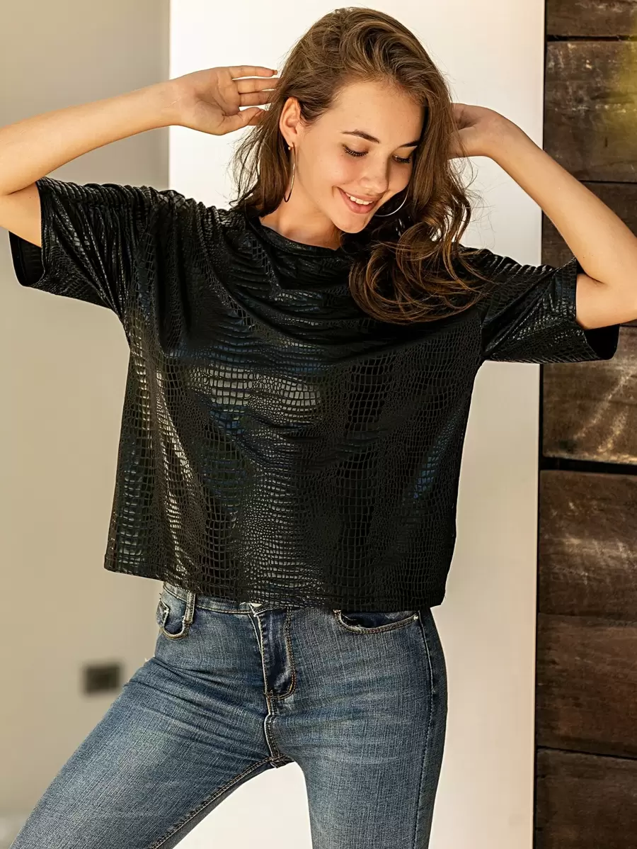 SHEIN Privé Áo thun Cá sấu màu đen Giải trí - màu đen - Xem 1