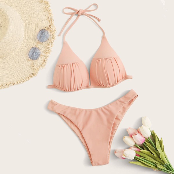 

Ruched Bust Triangle Halter Bikini Swimsuit, Pink