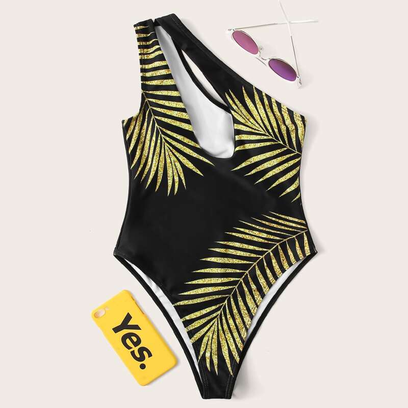 

Tropical One Shoulder One Piece Swimsuit, Black