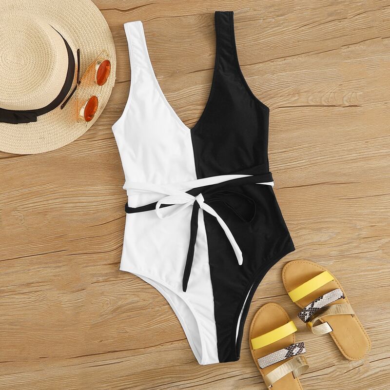 

Two Tone One Piece Swimsuit, Black and white