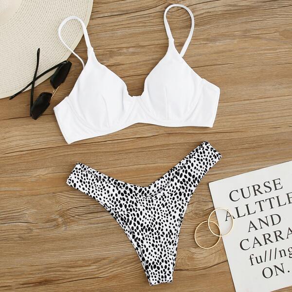 

Dalmatian Underwire High Cut Bikini Swimsuit, Black and white