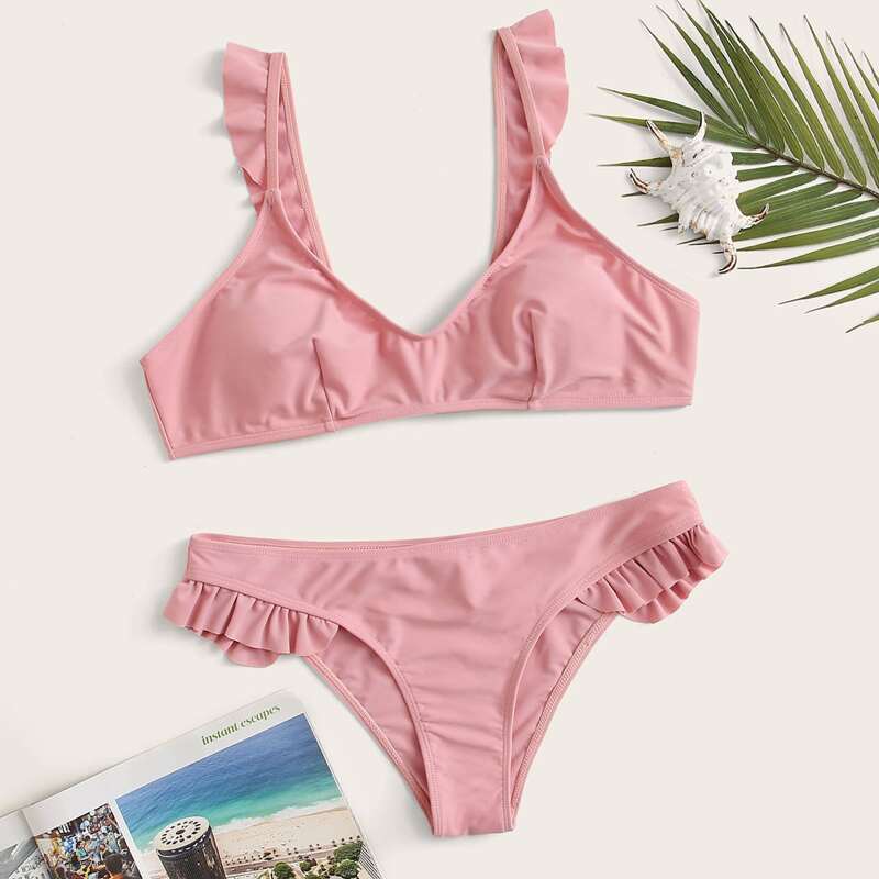 

Ruffle Plunging Bikini Swimsuit, Pink