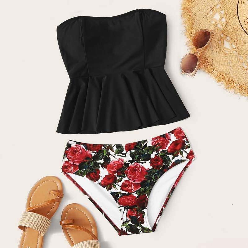 

Floral Ruffle Hem Bandeau Bikini Swimsuit, Multicolor