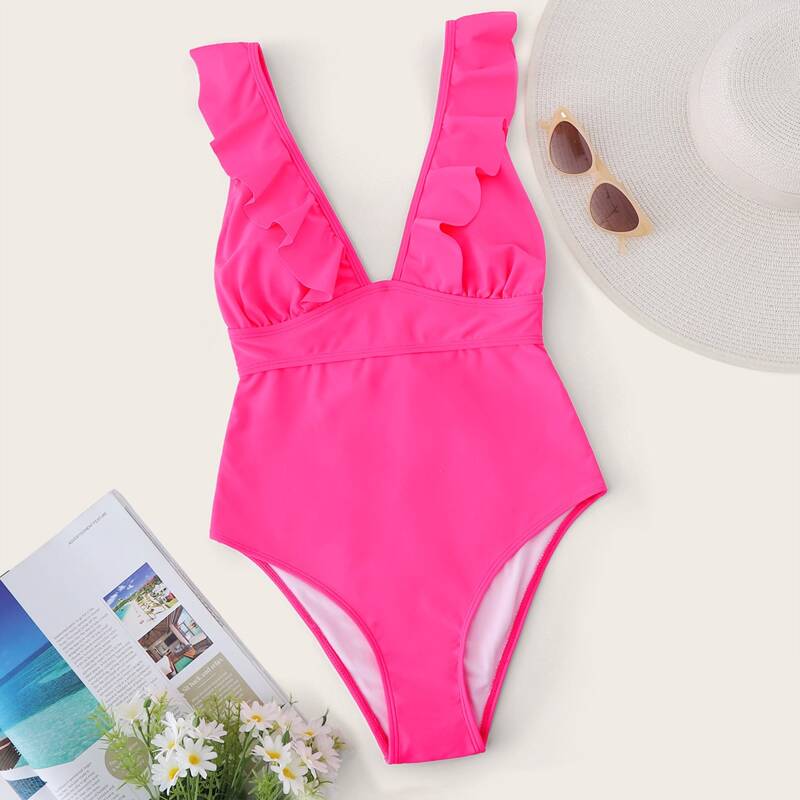 

Ruffle Trim One Piece Swimsuit, Pink