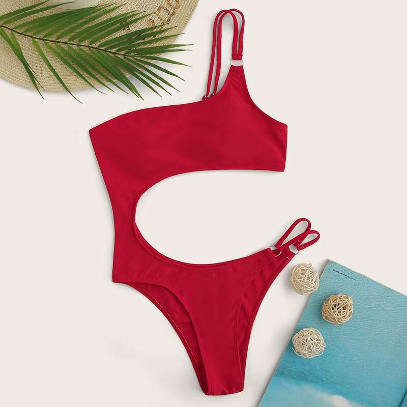 

Cut Out One Shoulder One Piece Swimsuit, Red