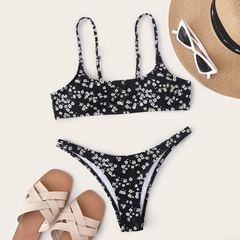 

Ditsy Floral Cheeky Bikini Swimsuit, Black