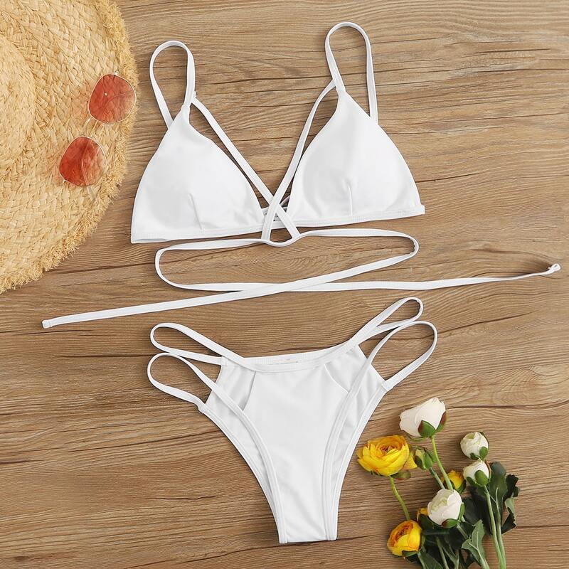 

Tie Back Triangle Bikini Swimsuit, White