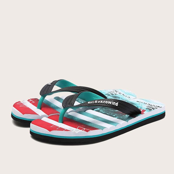 

Men Letter & Striped Graphic Flip Flops, Black