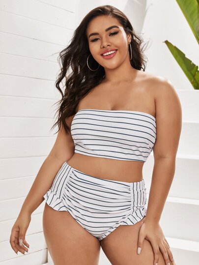 Plus Striped Ruffle Bandeau Bikini Swimsuit