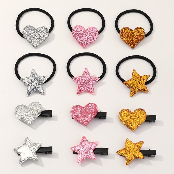 

12pcs Toddler Girls Glitter Heart & Star Decor Hair Accessory, Multicolor