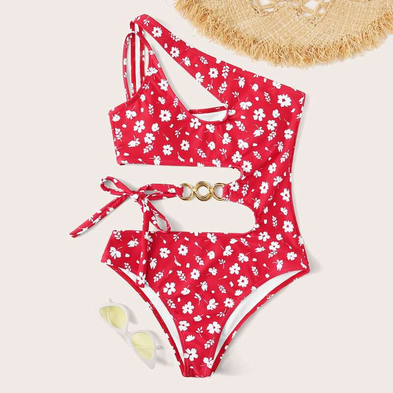 

Floral Cut-out One Shoulder One Piece Swimsuit, Red