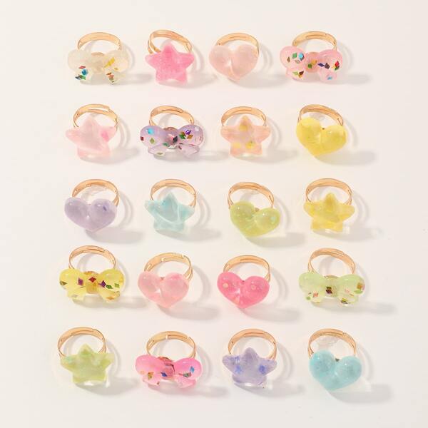 

20pcs Toddler Girls Heart & Bow Decor Ring, Multicolor