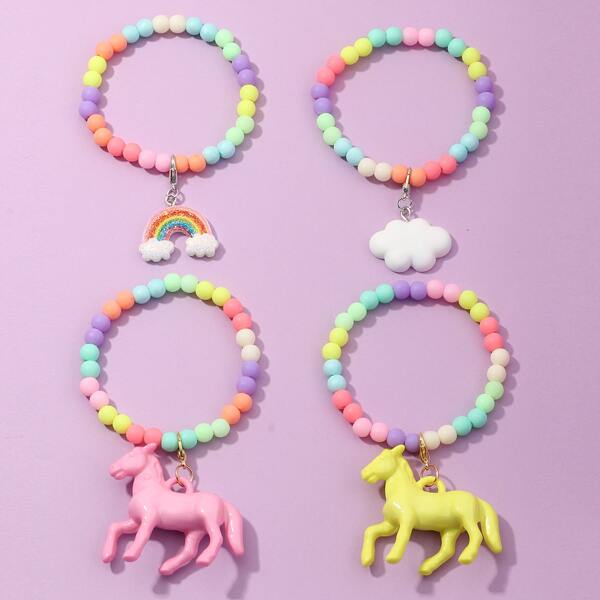 

4pcs Toddler Girls Horse & Rainbow Charm Beaded Bracelet, Multicolor