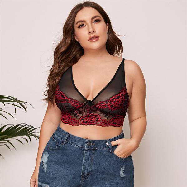 

Plus Floral Lace Mesh Bralette, Multicolor