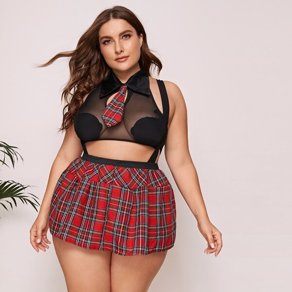 

Plus Tartan School Girl Costume Dress With Thong, Multicolor