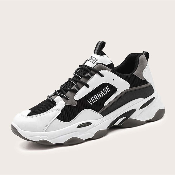 

Men Lace-up Front Mesh Panel Sneakers, Black and white