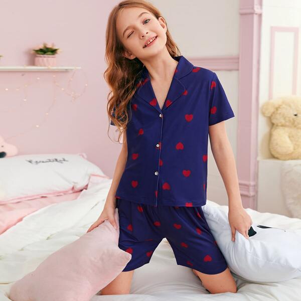 

Girls Lapel Heart Print PJ Set, Navy blue