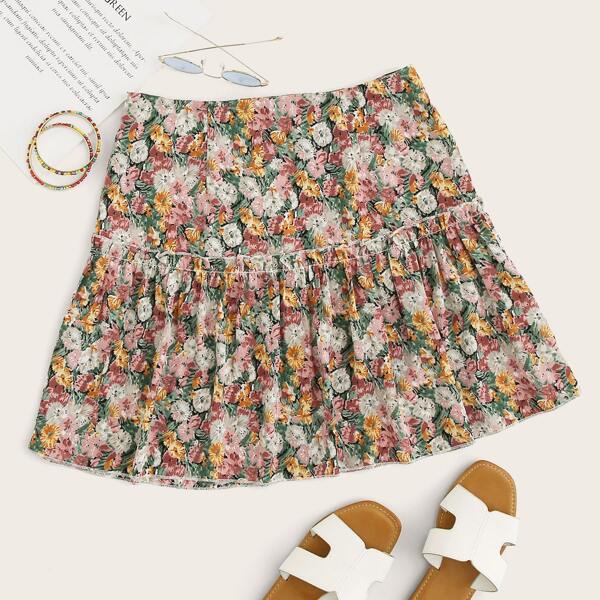 

Floral Print Frill Trim Skirt, Multicolor
