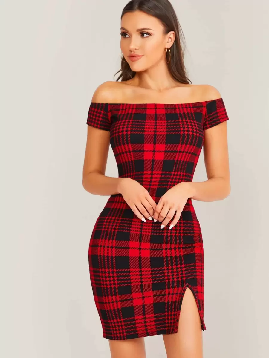 SHEIN Privé Off Shoulder Split Hem Plaid Dress - Red - View 1