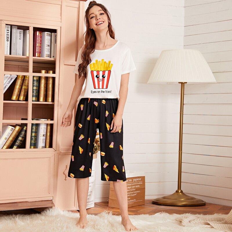 

Letter & Cartoon Graphic PJ Set, Black and white