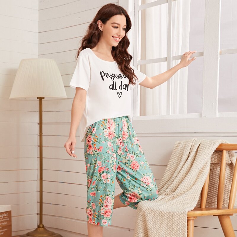 

Floral & Letter Graphic PJ Set, Multicolor