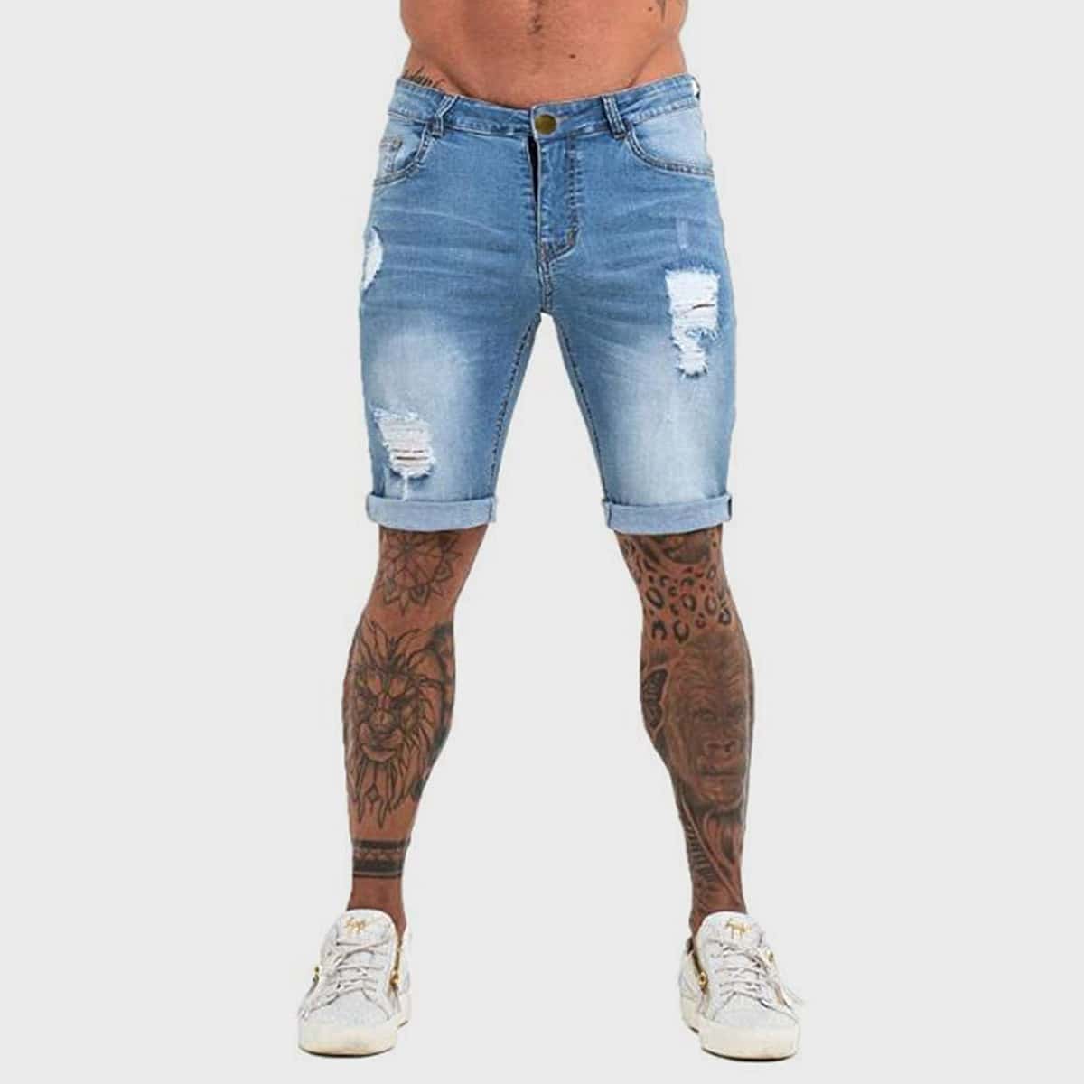 

Guys Zip Fly Ripped Denim Shorts, Blue