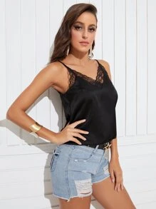 Solid Contrast Lace Satin Cami Top