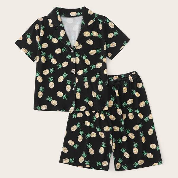 

Boys Allover Pineapple Print Button Up PJ Set, Black