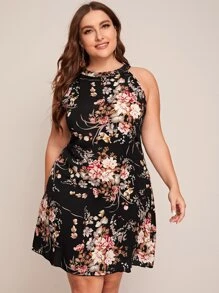 SHEIN LUNE Plus Halterneck Floral Dress - Multicolor - View 1