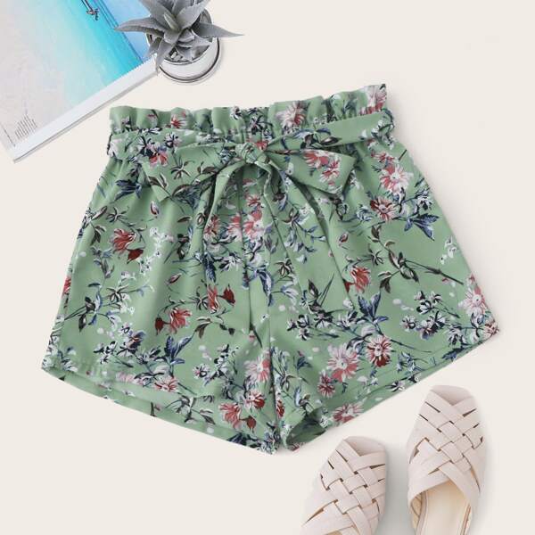 

Paperbag Waist Belted Floral Print Shorts, Green