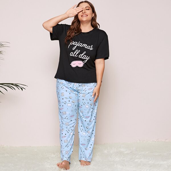 

Plus Letter & Cartoon Graphic PJ Set, Multicolor