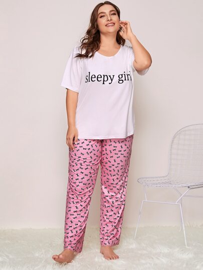 Plus Letter Graphic Tee With Pants PJ Set
